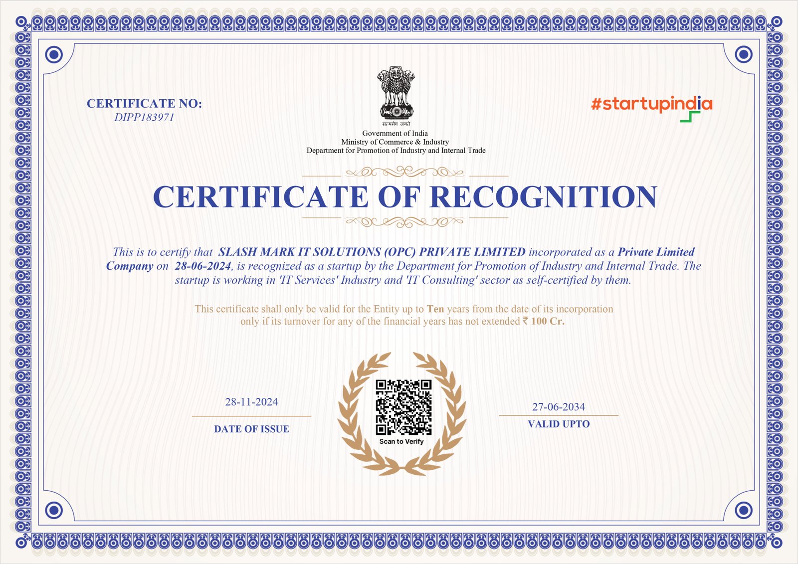 Startup India Recognition Certificate